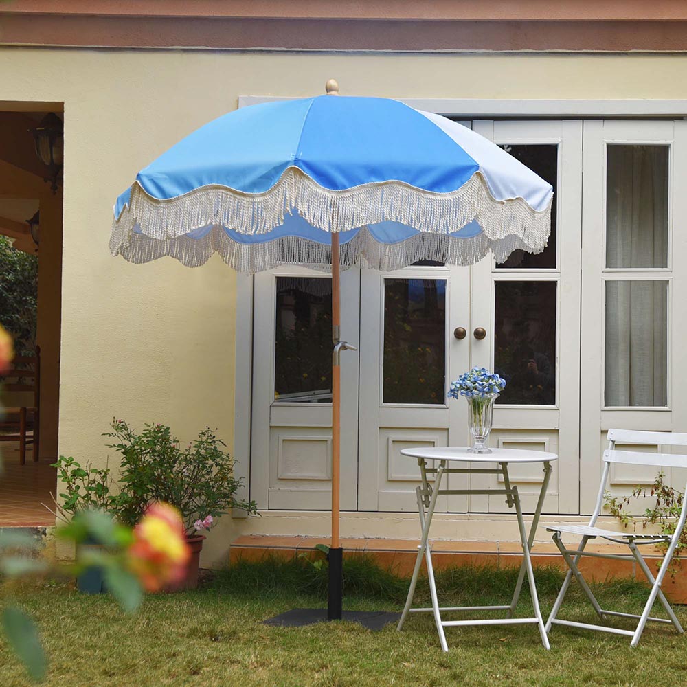 blue fringe patio umbrella Palm Springs Wooden Patio Umbrella with Fringe 6ft Tilt PS6-03