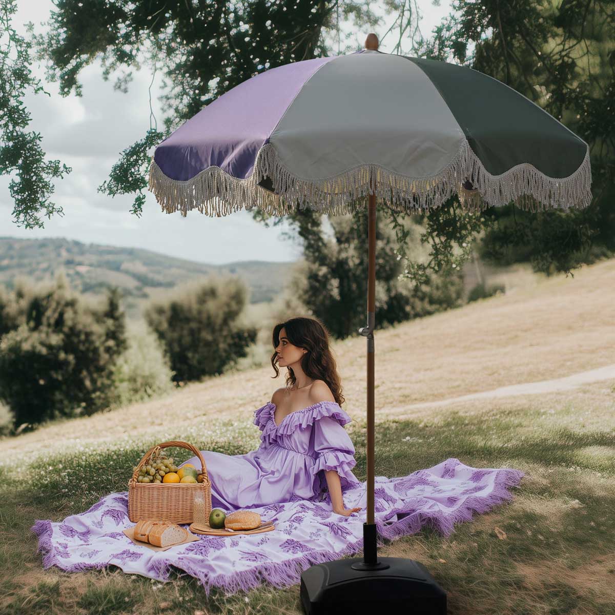Palm Springs Wooden Patio Umbrella with Fringe 6ft Tilt PS6-0405
