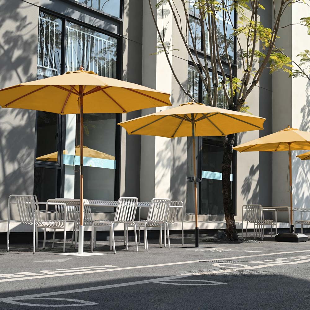 acrylic patio umbrella 9ft Boho Wooden Patio Umbrella Acrylic Fabric UV50+ 10yr Buttercup