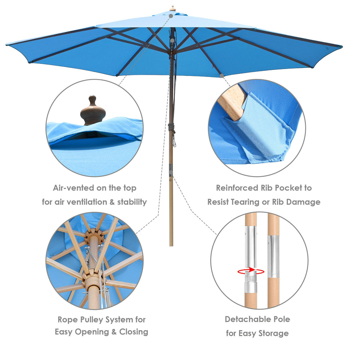 13ft 8-Rib Wooden Umbrella