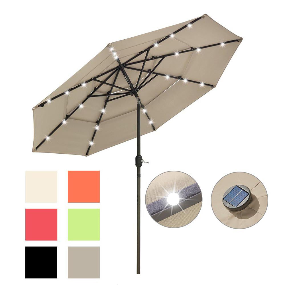 8 rib patio umbrella lights 9ft 8-Rib 3-Tier Tilt Outdoor Umbrella with Lights