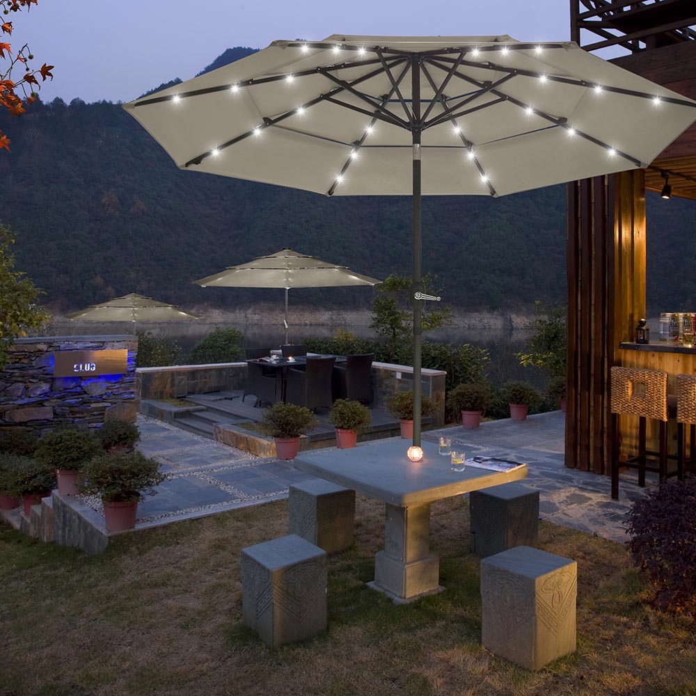 9ft 8-Rib 3-Tier Tilt Outdoor Umbrella with Lights