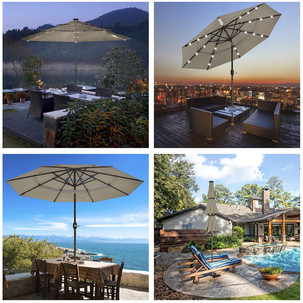 9ft 8-Rib 3-Tier Tilt Outdoor Umbrella with Lights