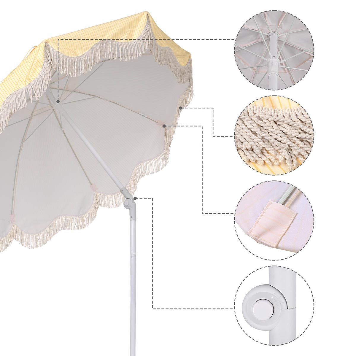 6ft Beach Umbrella with Fringe Sand Anchor Yellow Stripe