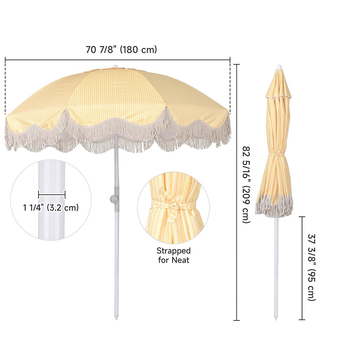 6ft Beach Umbrella with Fringe Market Umbrella Yellow Stripe