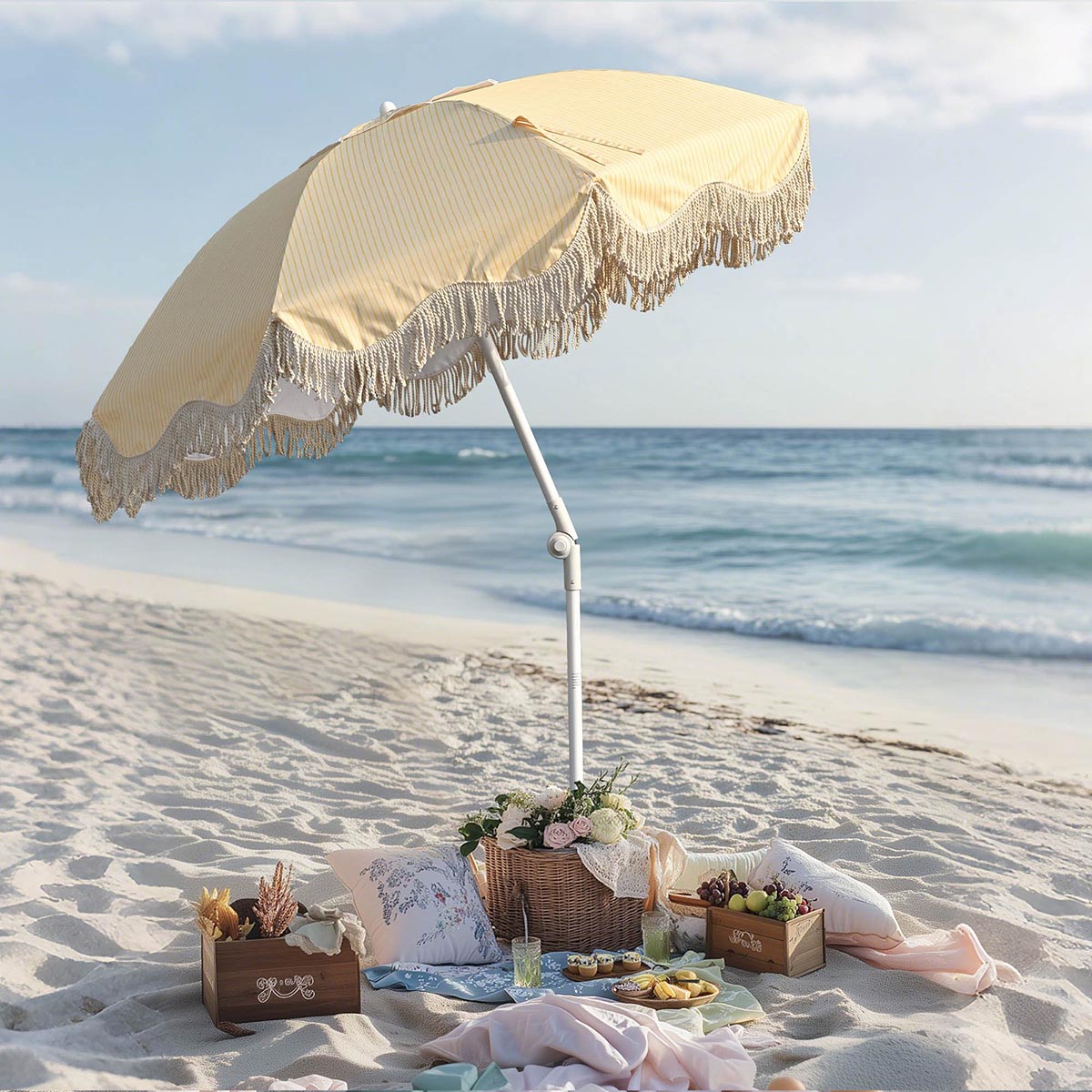 6ft Beach Umbrella with Fringe Market Umbrella Yellow Stripe