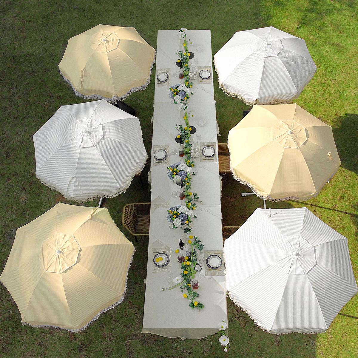 6ft Beach Umbrella with Fringe Market Umbrella Yellow Stripe
