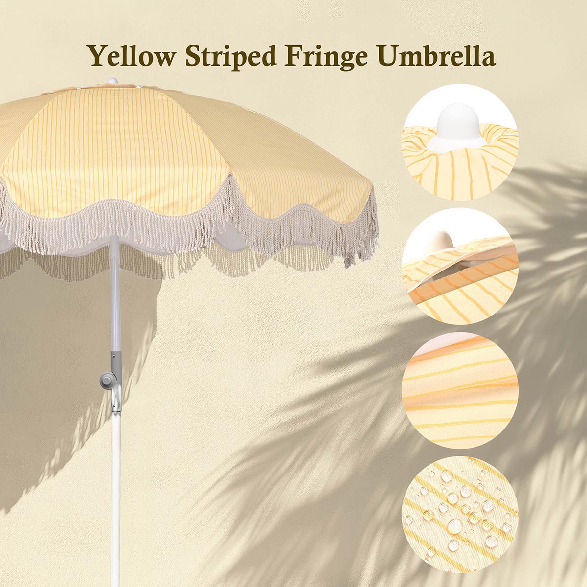 6ft Beach Umbrella with Fringe Sand Anchor Yellow Stripe