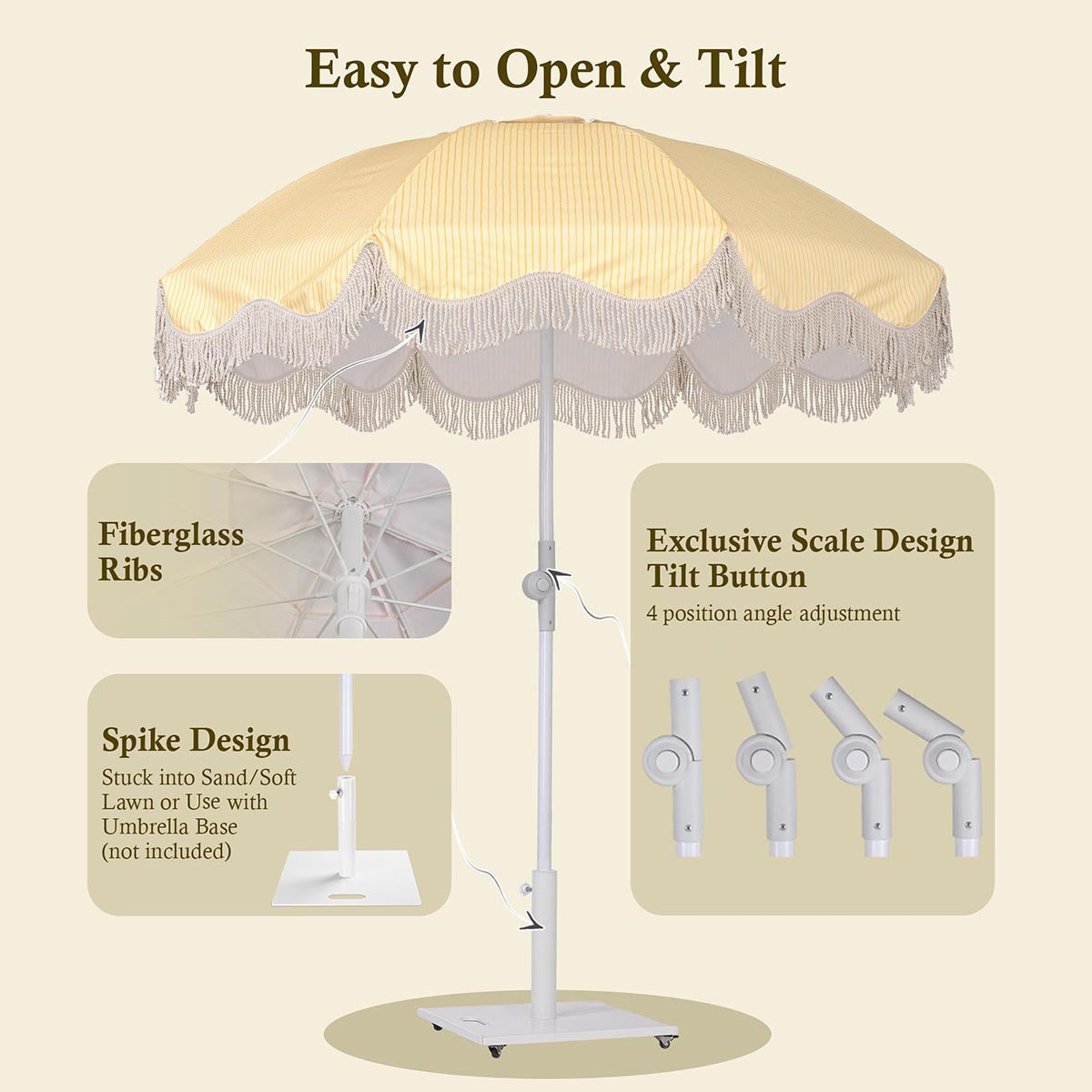 6ft Beach Umbrella with Fringe Market Umbrella Yellow Stripe