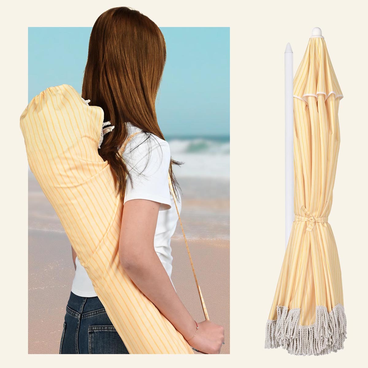 6ft Beach Umbrella with Fringe Market Umbrella Yellow Stripe