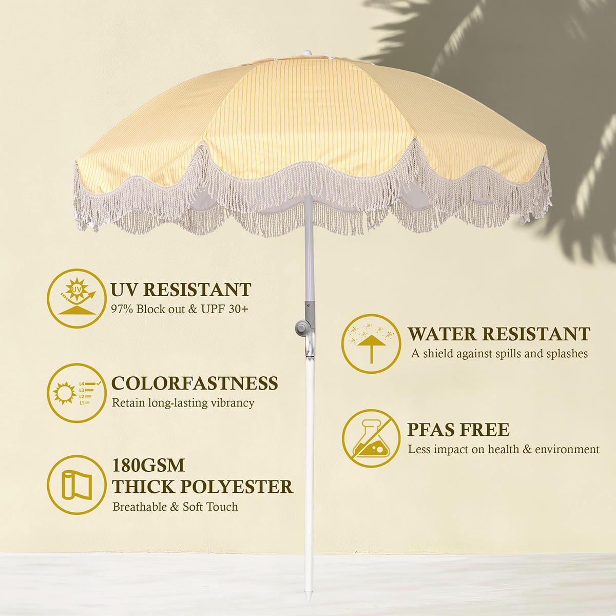 6ft Beach Umbrella with Fringe Sand Anchor Yellow Stripe