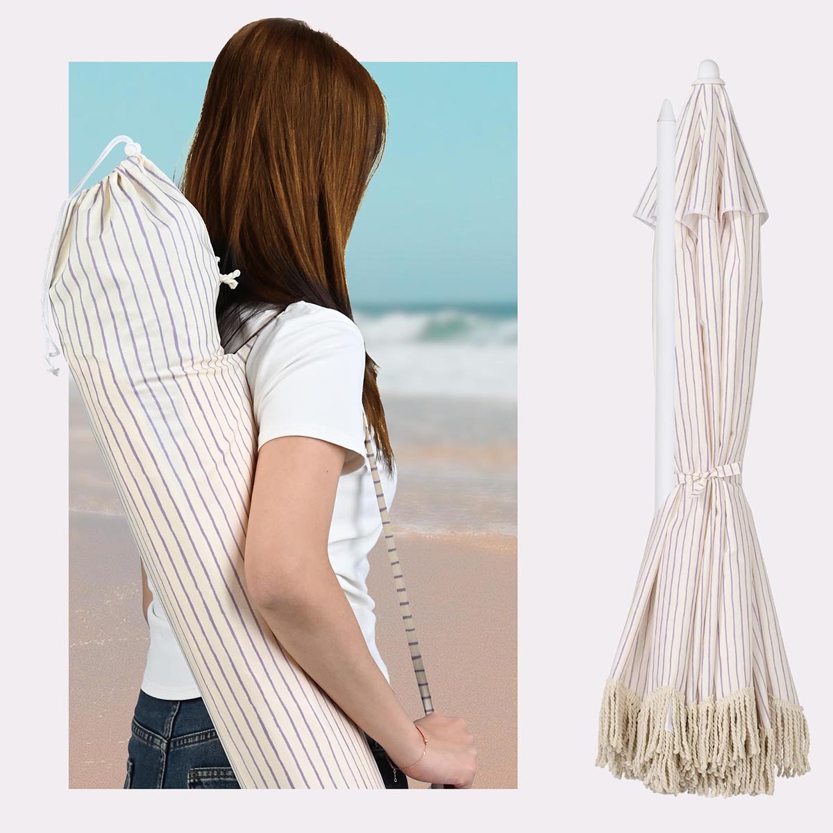 6ft Beach Umbrella with Fringe Market Umbrella Purple Stripe