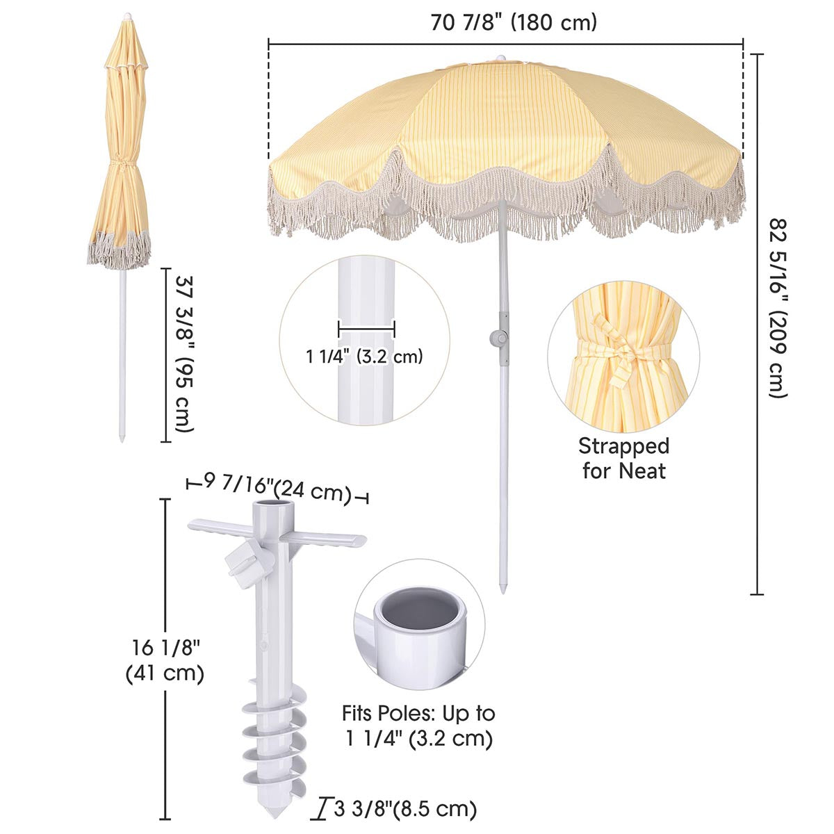 6ft Beach Umbrella with Fringe Sand Anchor Yellow Stripe