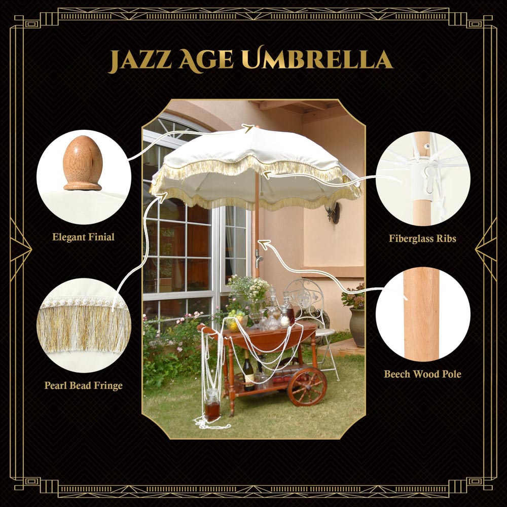 Jazz Age Wooden Patio Umbrella Gold Tassel Fringe 6ft Tilt JZ6-01
