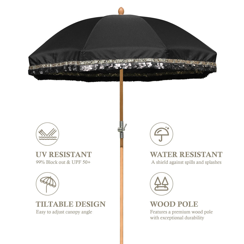 Jazz Age Wooden Patio Umbrella Black Sequin Fringe 6ft Tilt JZ6-06