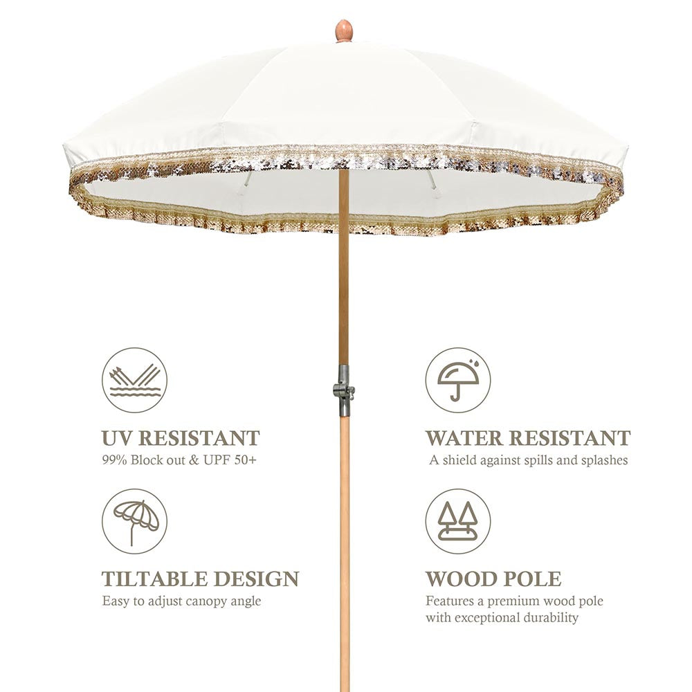 Jazz Age Wooden Patio Umbrella Sequin Fringe 6ft 8-Rib Tilt JZ6-15