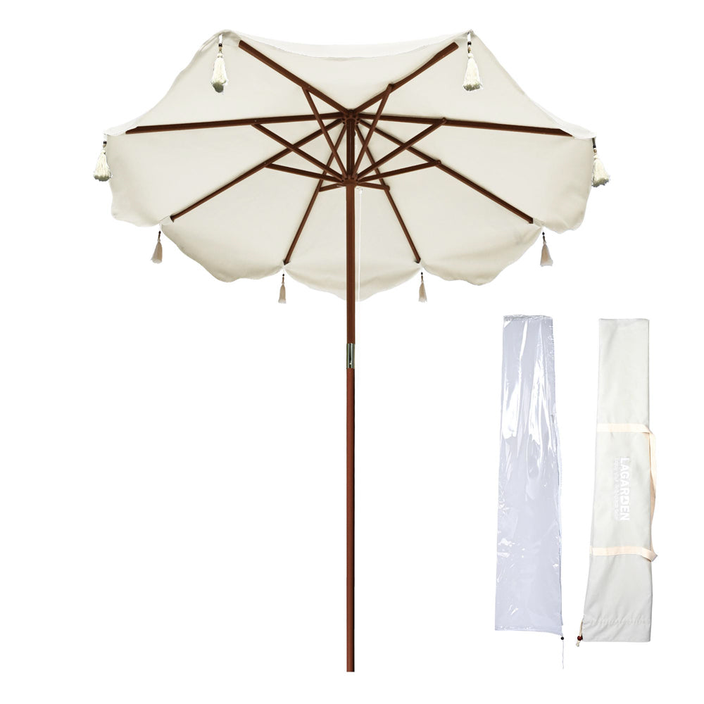 Boho Wooden Patio Umbrella Beige Fringe 7ft BH7-01