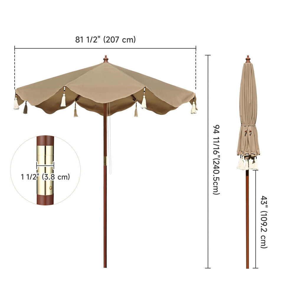 Boho Wooden Patio Umbrella Khaki Fringe 7ft BH7-10