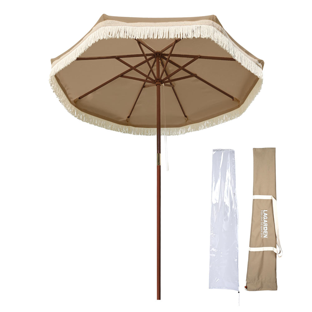 Boho Wooden Patio Umbrella Khaki Twisted Fringe 7ft BH7-10P