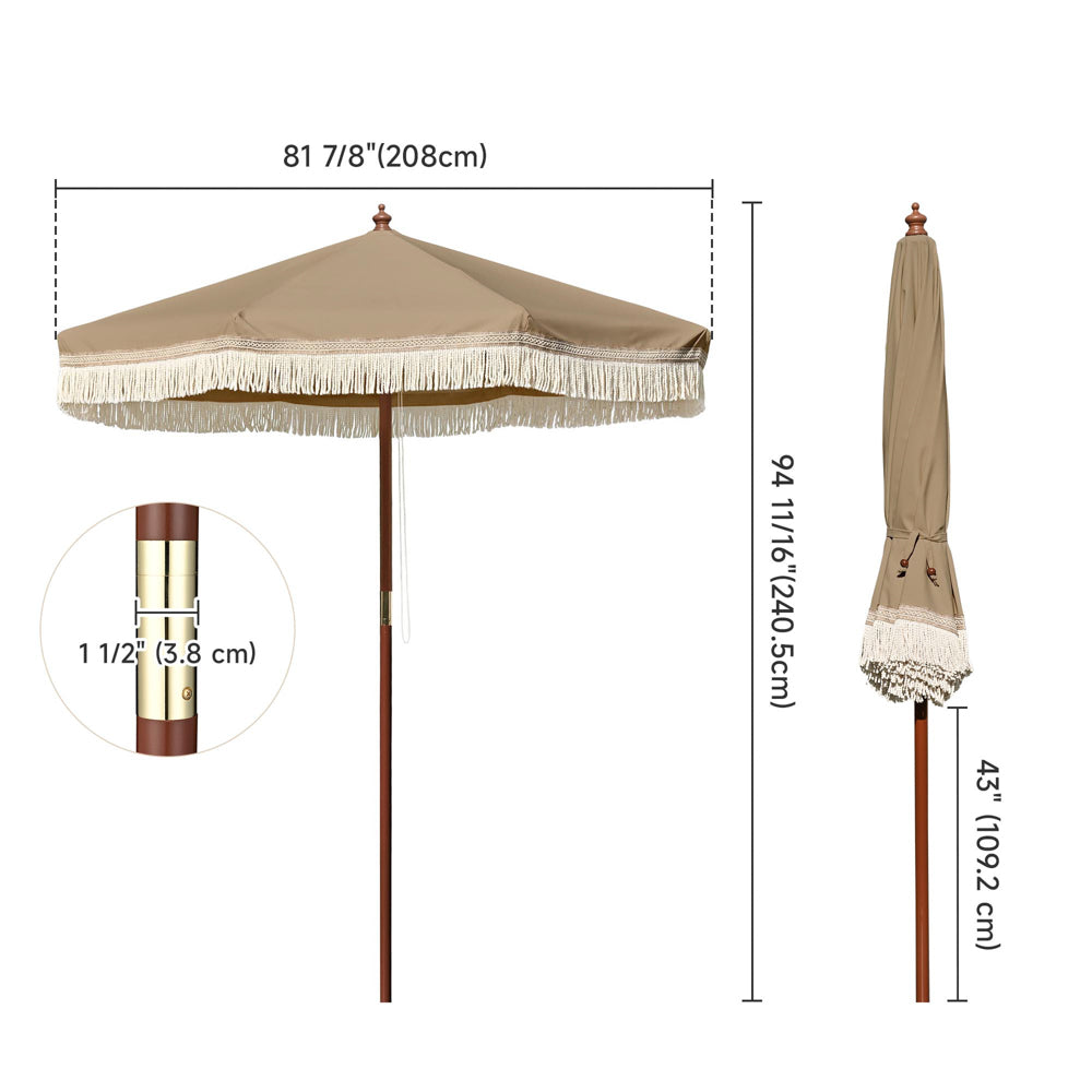 Boho Wooden Patio Umbrella Khaki Twisted Fringe 7ft BH7-10P