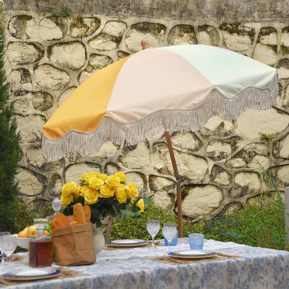 amazon yellow patio umbrella Palm Springs Wooden Patio Umbrella with Fringe 6ft Tilt PS6-01
