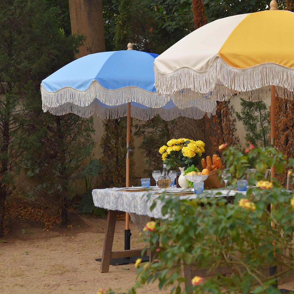 1950s patio umbrella Palm Springs Wooden Patio Umbrella with Fringe 6ft Tilt PS6-03
