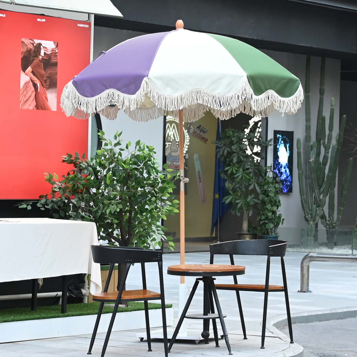 6 foot wood patio umbrella Palm Springs Wooden Patio Umbrella with Fringe 6ft Tilt PS6-0405
