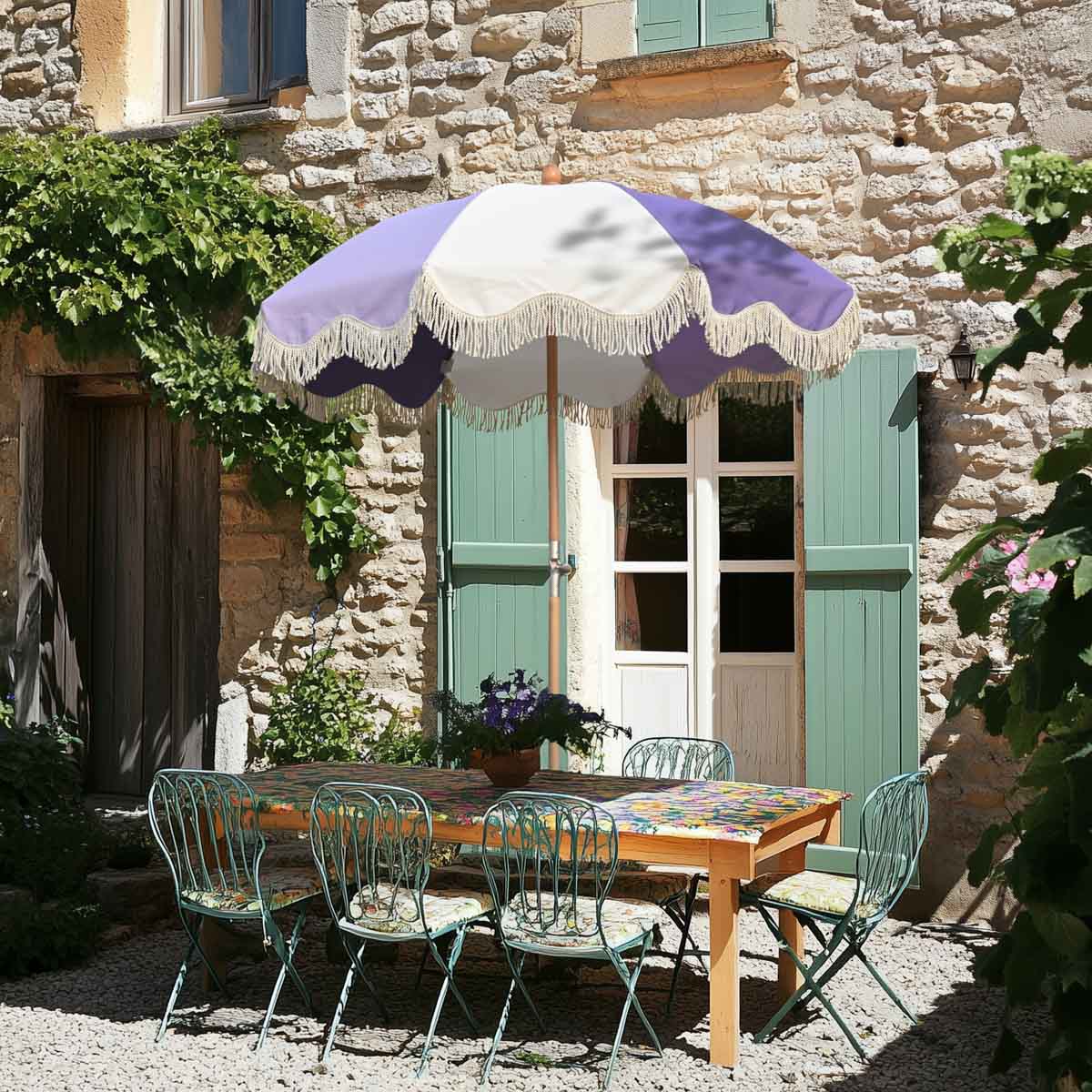 draped patio umbrella Palm Springs Wooden Patio Umbrella with Fringe 6ft Tilt PS6-05