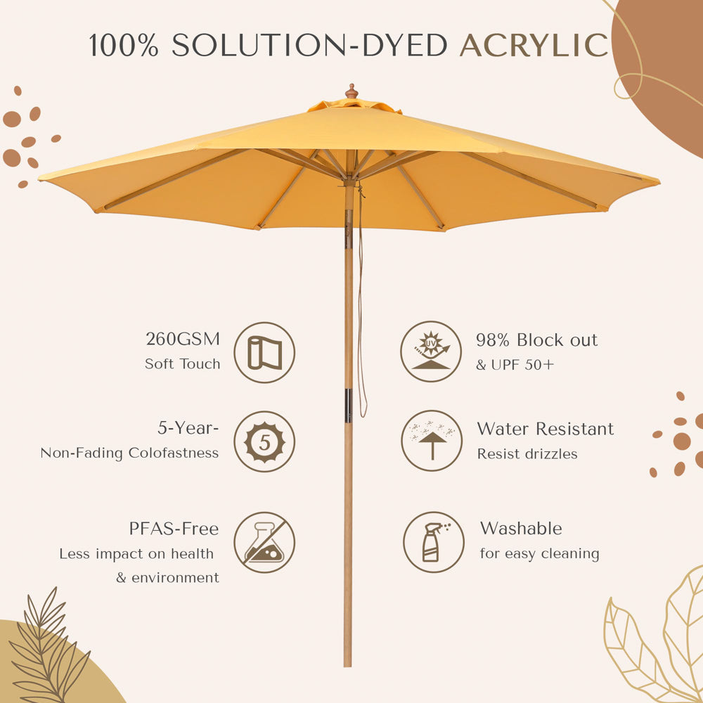 buttercup patio umbrella 9ft Boho Wooden Patio Umbrella Acrylic Fabric UV50+ 10yr Buttercup