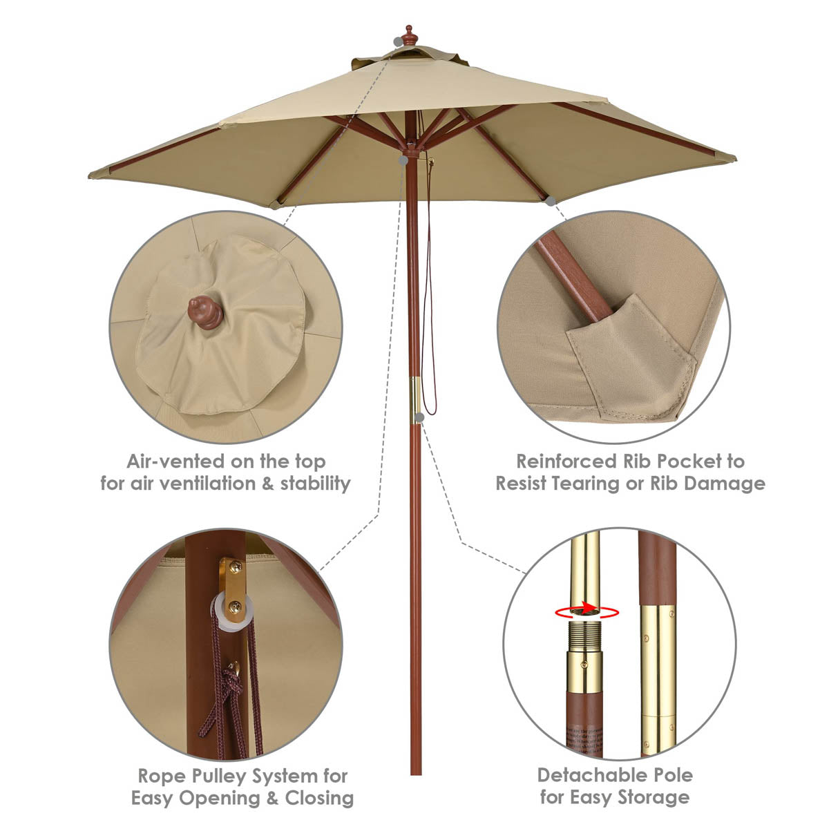 7ft 6-Rib Wooden Umbrella