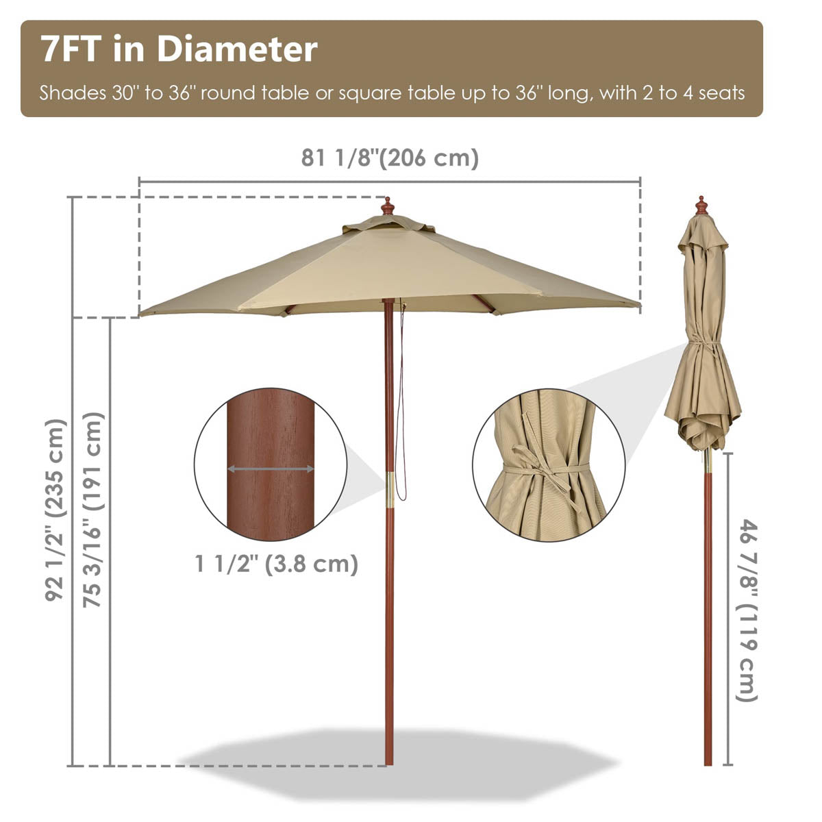 7ft 6-Rib Wooden Umbrella