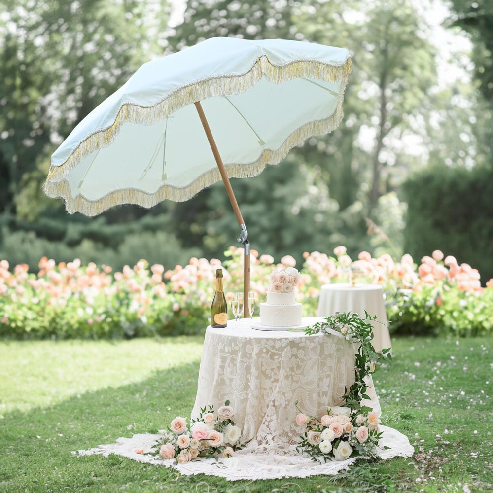 fringe patio umbrella Garden GLORY Garden Beige With Beige Unrivaled in its size and beauty LAGarden Fringe Patio Umbrella with