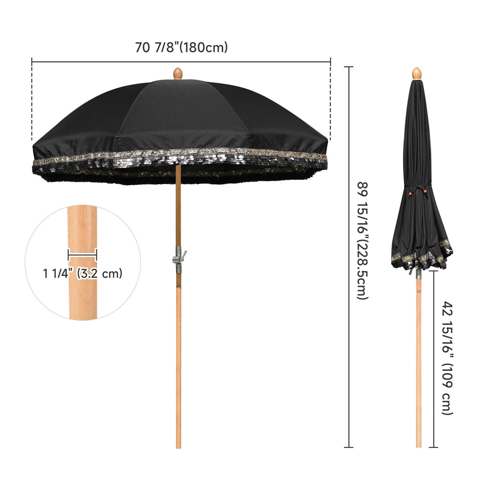 Jazz Age Wooden Patio Umbrella Black Sequin Fringe 6ft Tilt JZ6-06