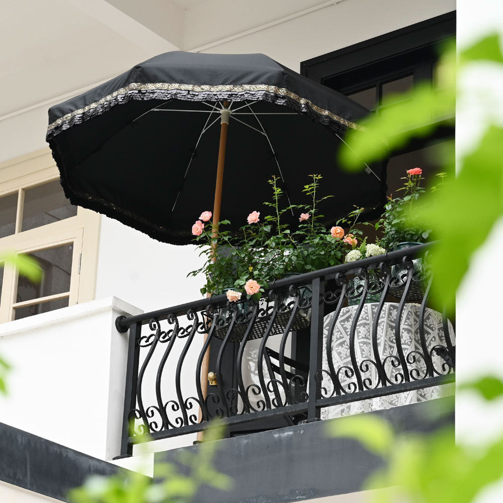 Jazz Age Wooden Patio Umbrella Black Sequin Fringe 6ft Tilt JZ6-06 Jazz Age Wooden Patio Umbrella Black Sequin Fringe 6ft Tilt JZ6-06