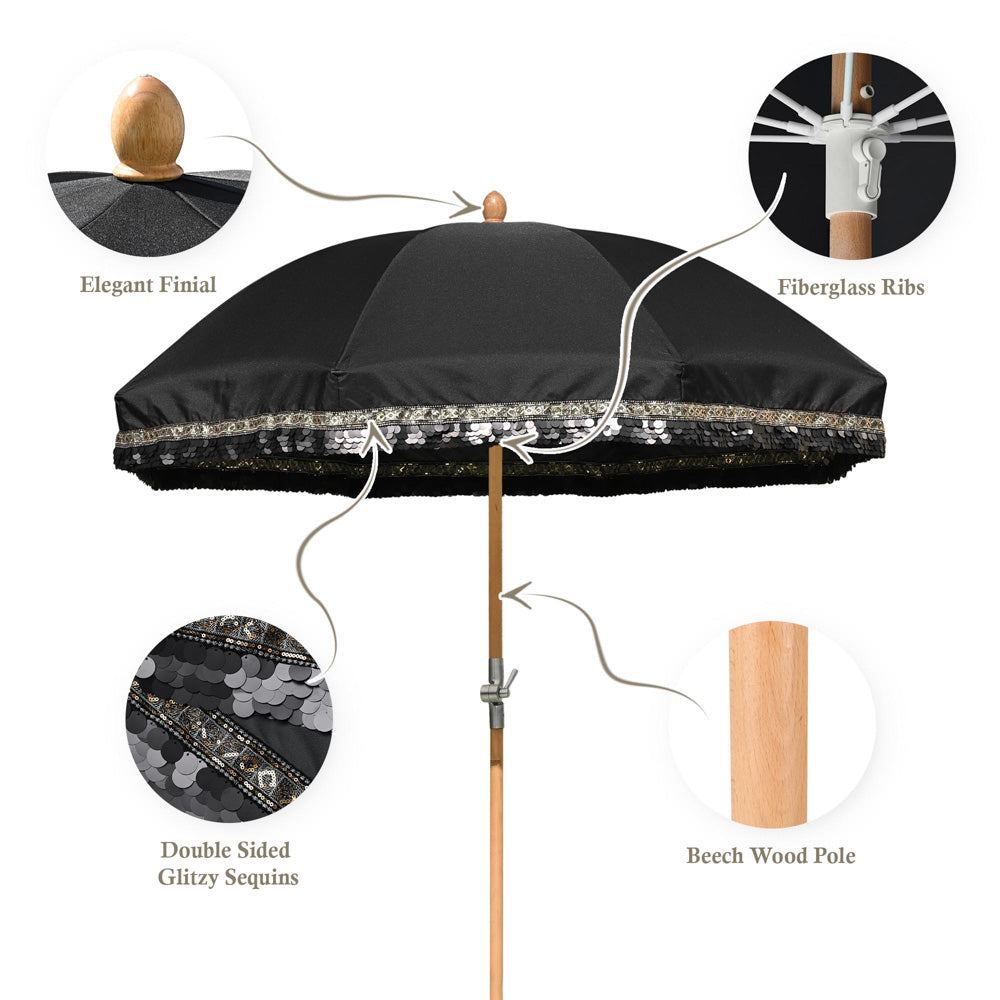 black and gold patio umbrella Jazz Age Wooden Patio Umbrella Black Sequin Fringe 6ft Tilt JZ6-06