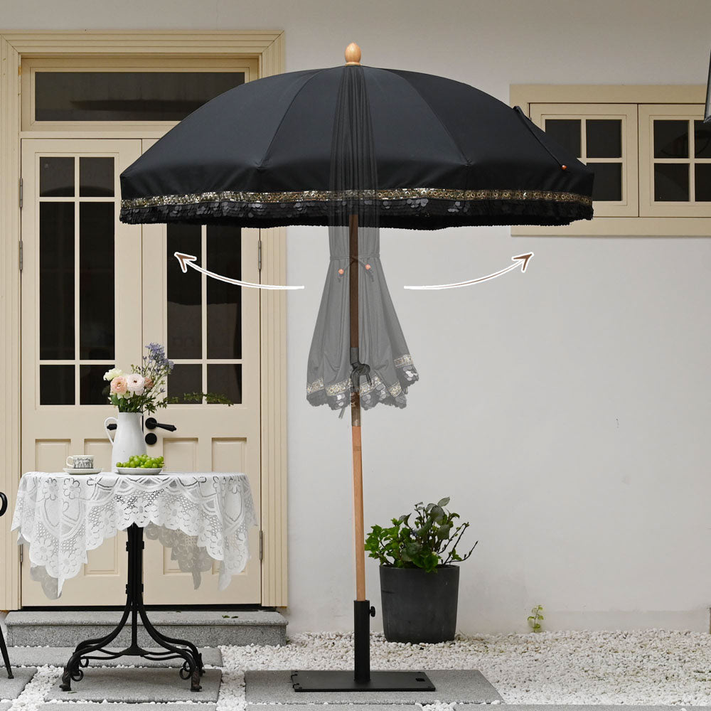 Jazz Age Wooden Patio Umbrella Black Sequin Fringe 6ft Tilt JZ6-06