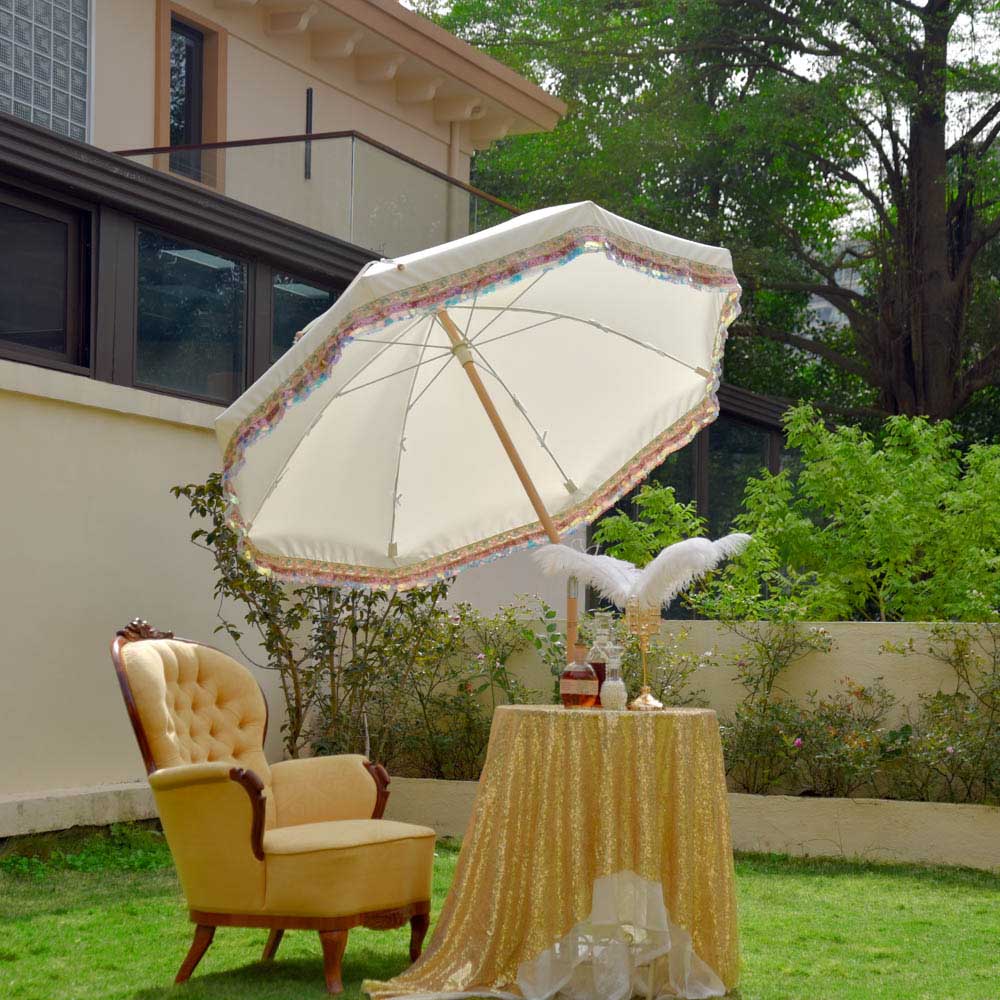 Jazz Age Wooden Patio Umbrella Multicolor Sequin Fringe 6ft Tilt JZ6-1
