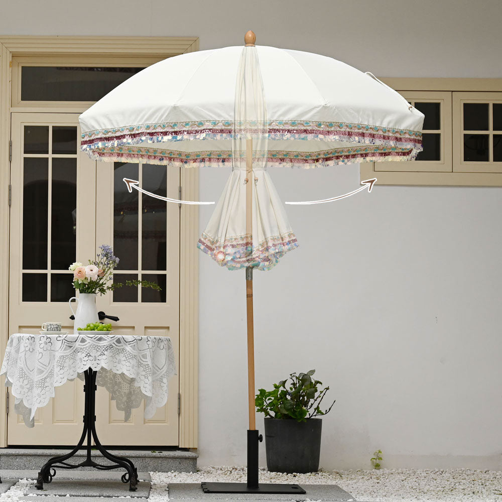 iridescent patio umbrella Jazz Age Wooden Patio Umbrella Multicolor Sequin Fringe 6ft Tilt JZ6-12