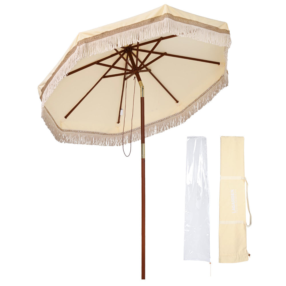 Boho Wooden Patio Fringe Umbrella 7ft Butter Twisted Root