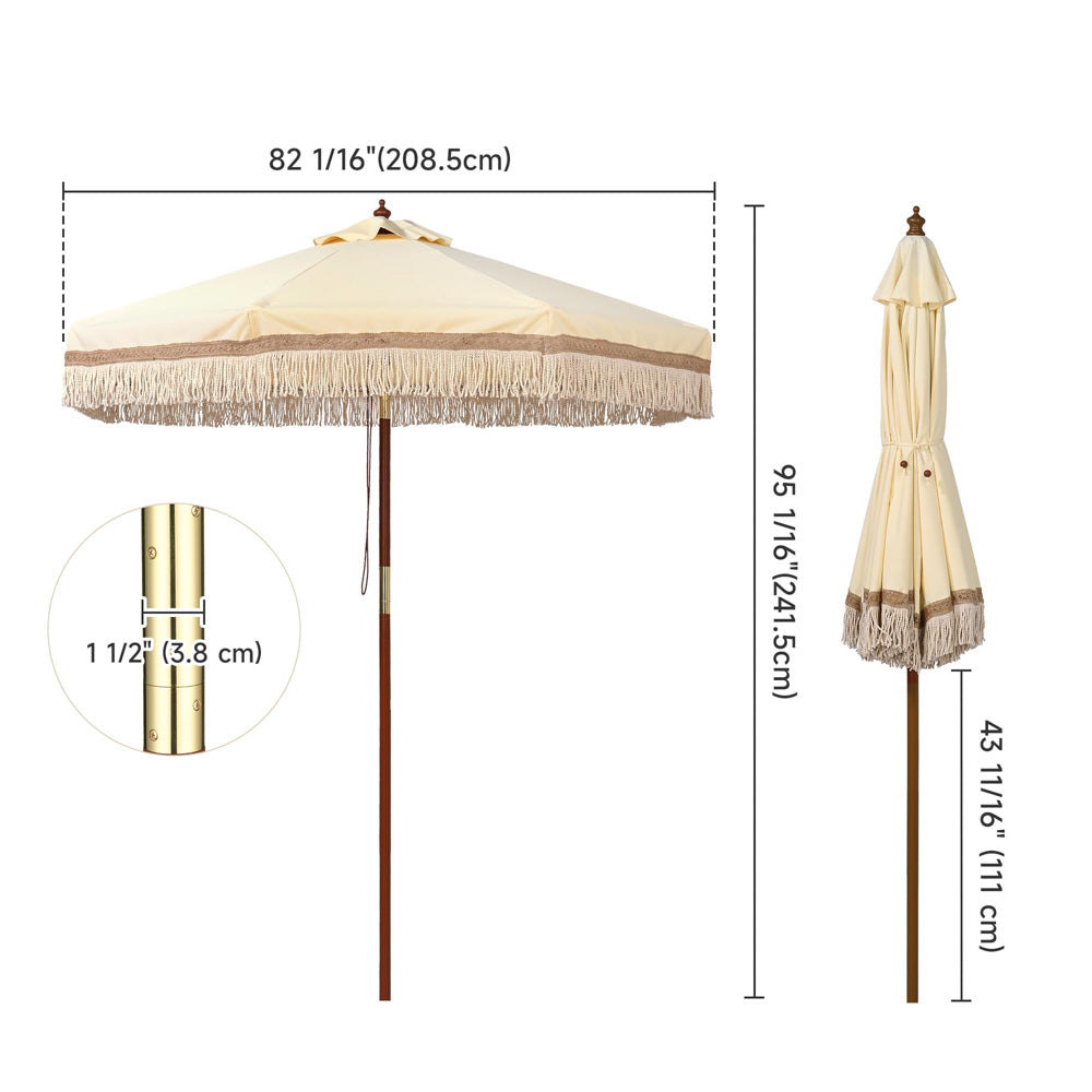 Boho Wooden Patio Fringe Umbrella 7ft Butter Twisted Root