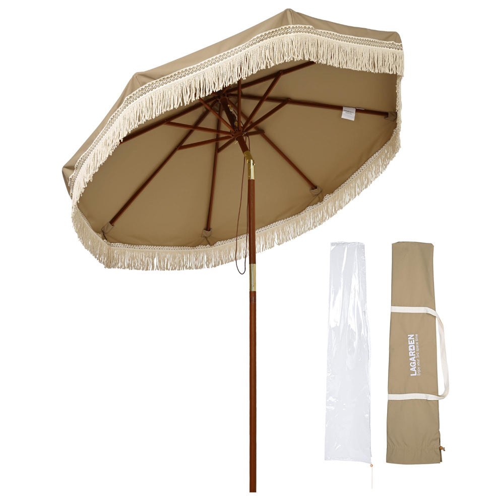 Boho Wooden Patio Fringe Umbrella 7ft Mocha Meander