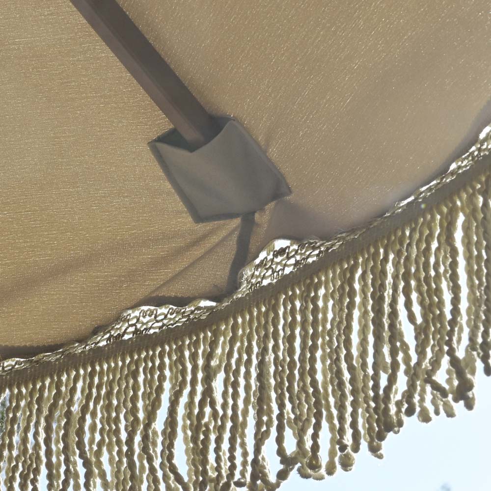b&m patio umbrella Boho Wooden Patio Fringe Umbrella 7ft Mocha Meander