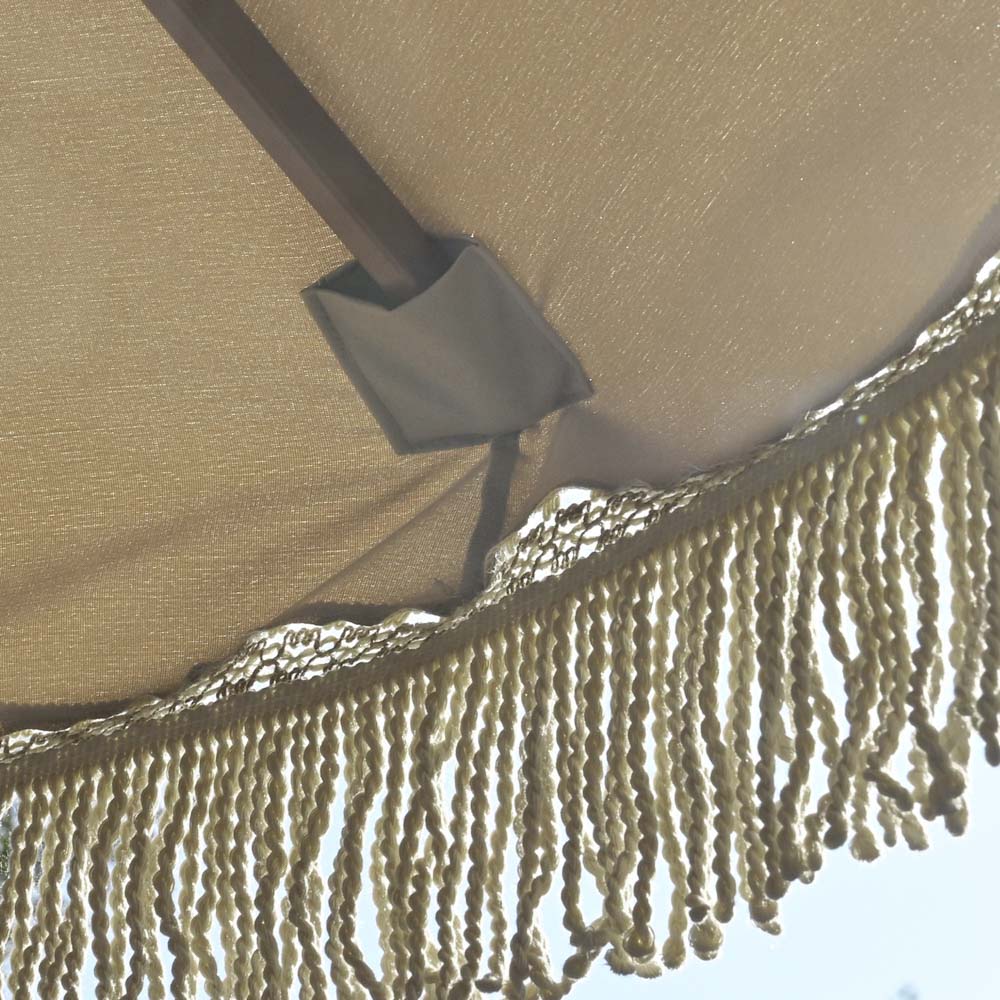 Boho Wooden Patio Fringe Umbrella 7ft Mocha Meander