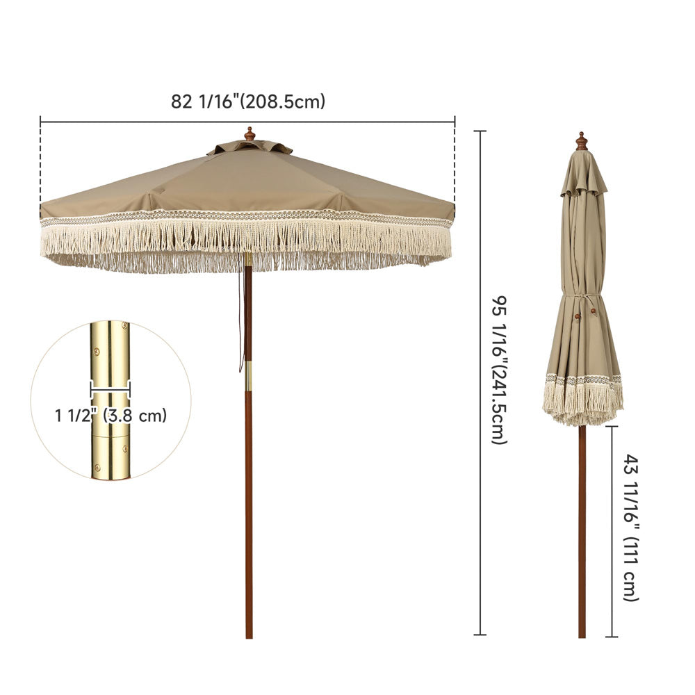 Boho Wooden Patio Fringe Umbrella 7ft Mocha Meander