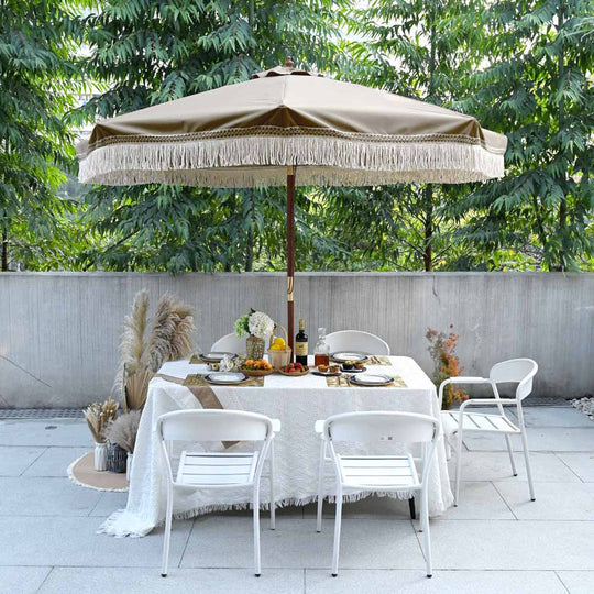 better homes & gardens ventura 7.5 fringe patio umbrella Boho Wooden Patio Fringe Umbrella 7ft Mocha Meander