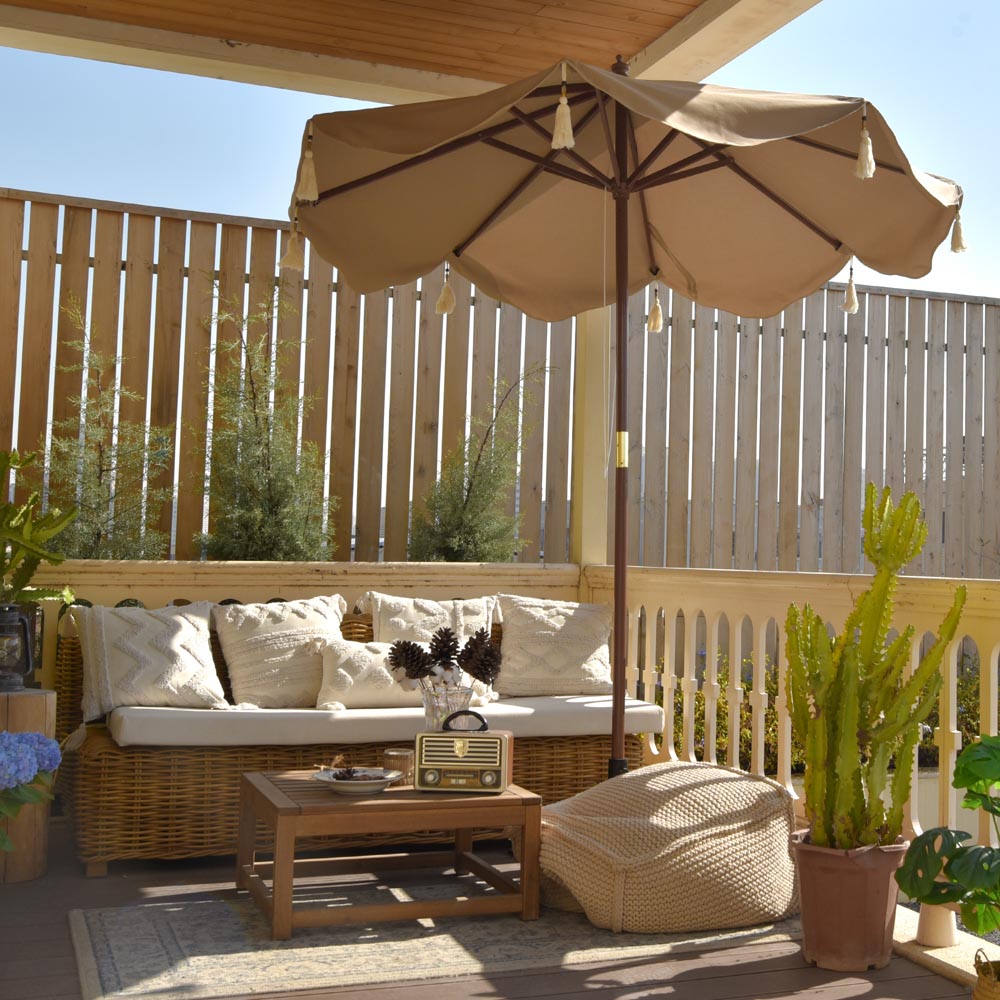 Boho Wooden Patio Umbrella Khaki Fringe 7ft BH7-10 Boho Wooden Patio Umbrella Khaki Fringe 7ft BH7-10
