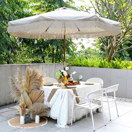 boho patio umbrella 9ft Boho Patio Umbrella Fringe Market Umbrella Ivory