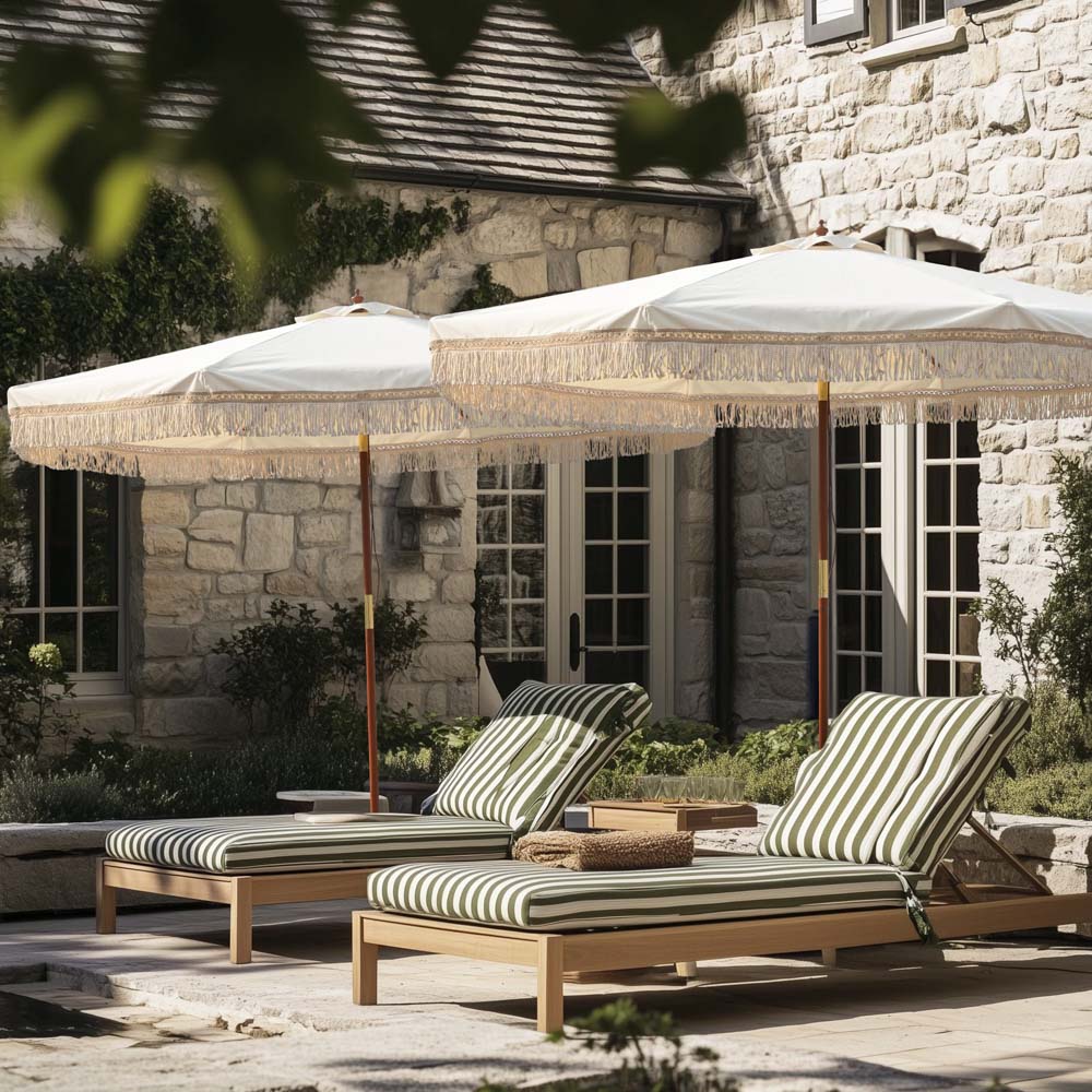 beige patio umbrella with white fringe 9ft Boho Patio Umbrella Fringe Market Umbrella Ivory