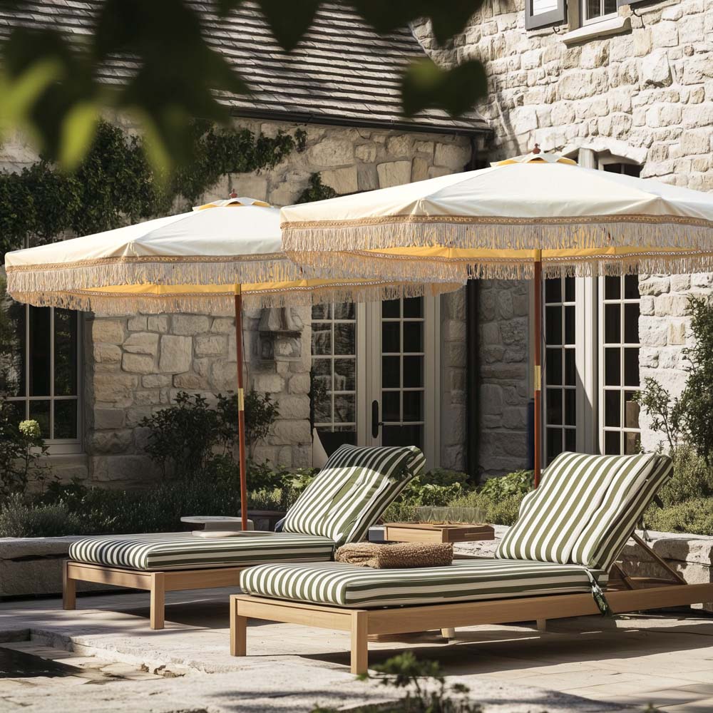 burlap patio umbrella 9ft Boho Patio Umbrella Fringe Market Umbrella Butter Twisted